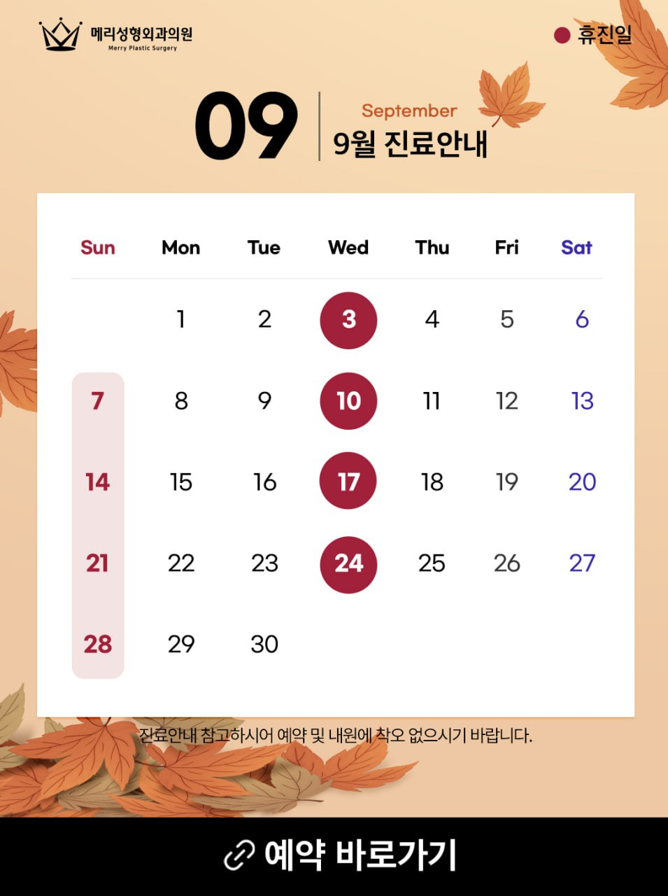 September Clinic Schedule Notice from Merry Plastic Surgery Clinic image 1