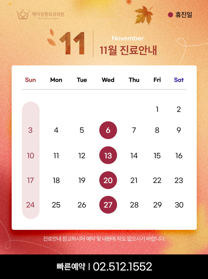 [Notice] November Clinic Schedule at Merry Plastic Surgery Clinic image 1