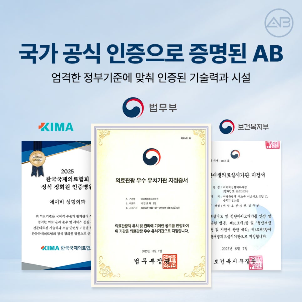 에이비성형외과의원 KIMA 국가 공식 인증으로 증명된 병원 의료 안전 시스템 서비스 기관 관련 이미지 1