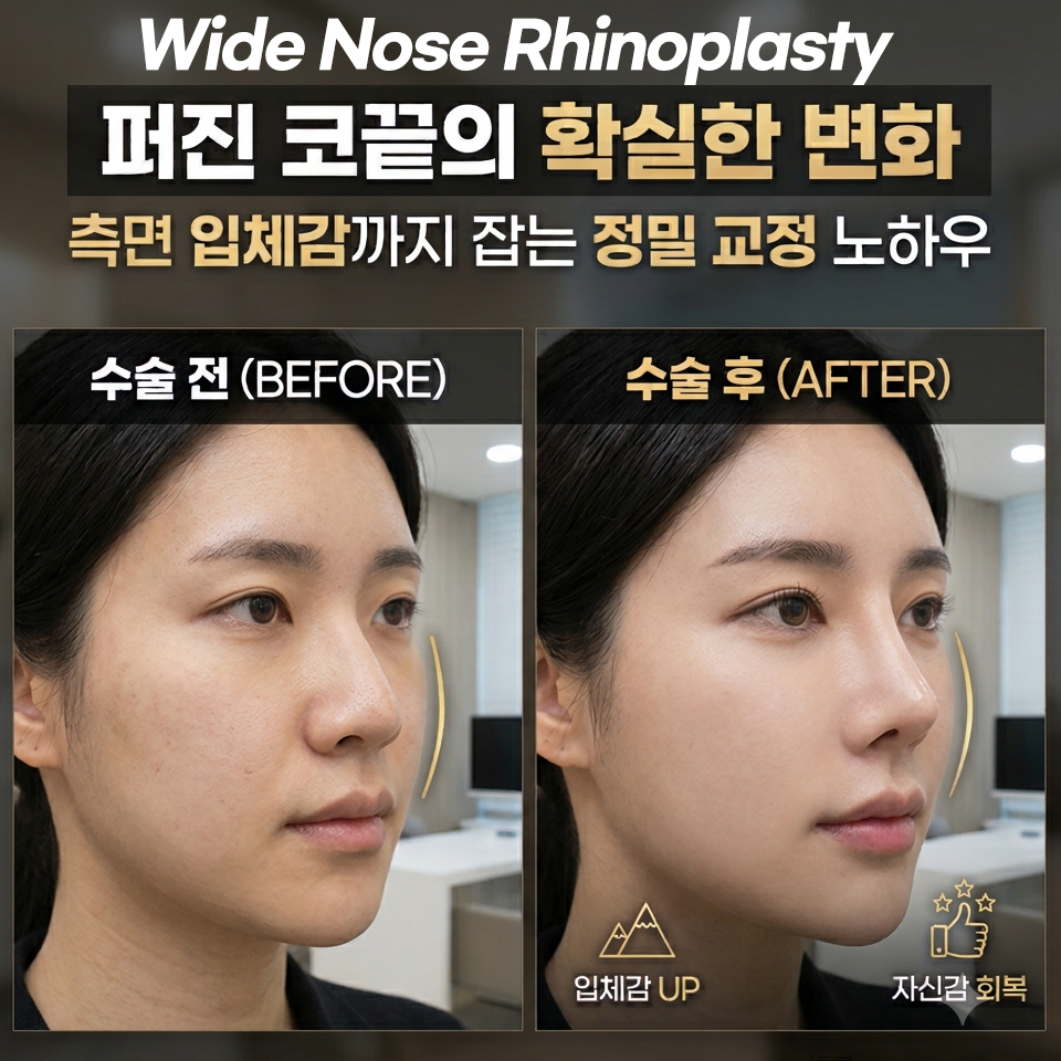퍼진코수술 전후 입체감 비교와 코원성형외과 중안면부 개선 노하우 관련 이미지 1