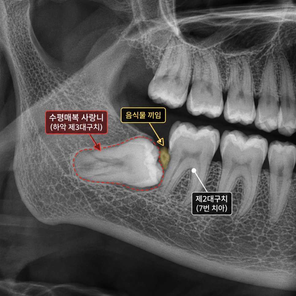 상일동 옆으로 누운 수평 매복 사랑니, 멀쩡한 앞어금니까지 썩게 합니다 관련 이미지 2