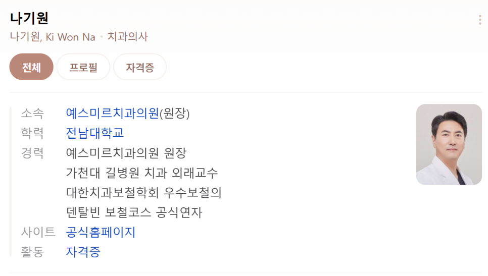 나기원 원장 약력 소개 예스미르치과 보철과전문의 관련 이미지 1