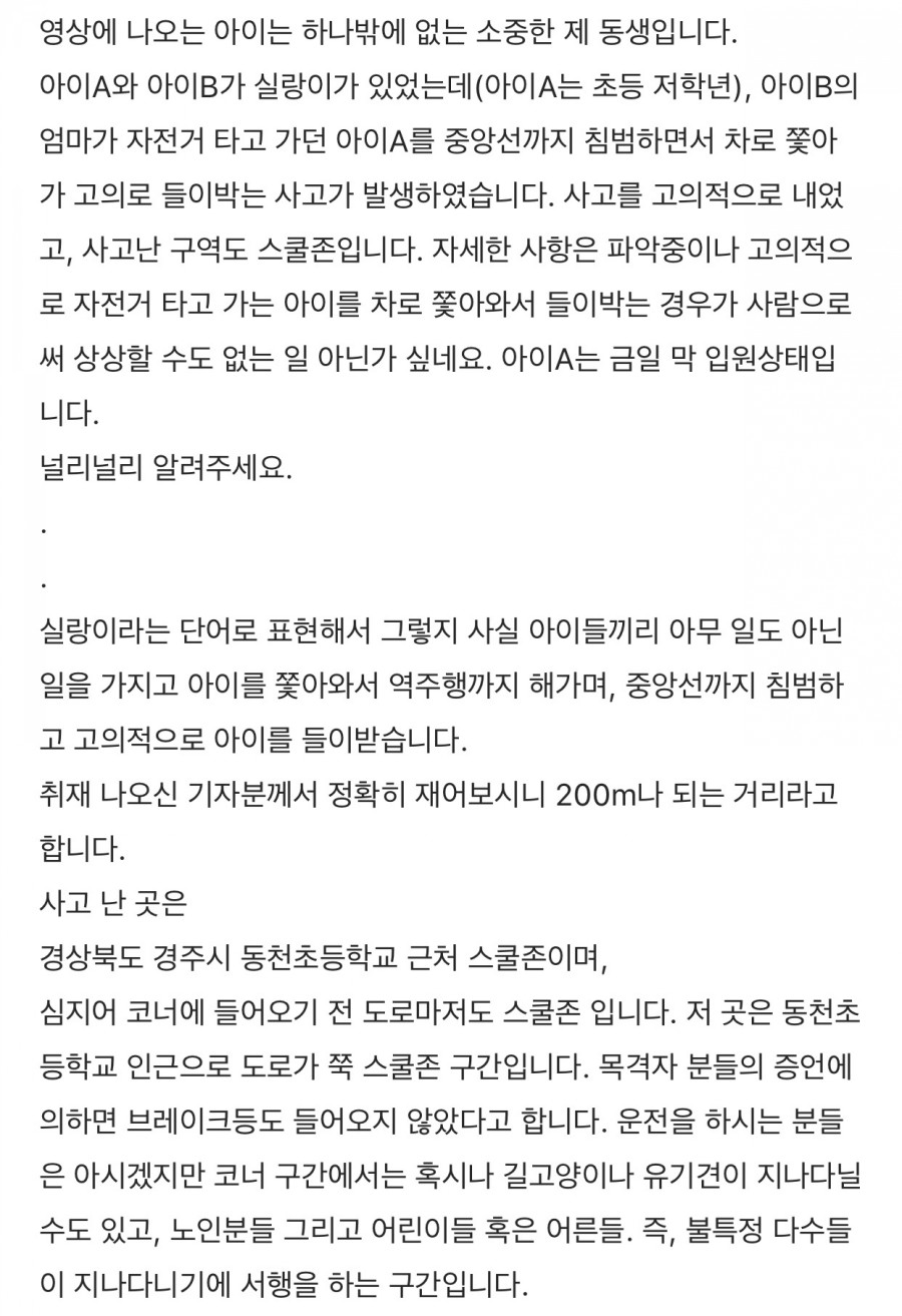 경주 스쿨존 사고.. 피해자 누나가 쓴 글(영상) 관련 이미지 3