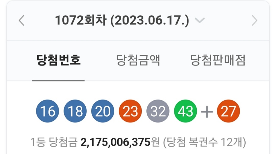 1072회차 로또 당첨번호 조회, 1등 금액 당첨 명당은 어디? 관련 이미지 1