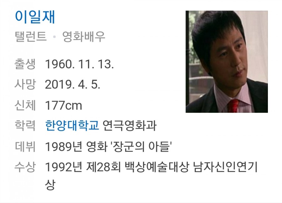 배우 이일재, 폐암으로 사망.. 딸은 명문고 재학중 심리불안 관련 이미지 1
