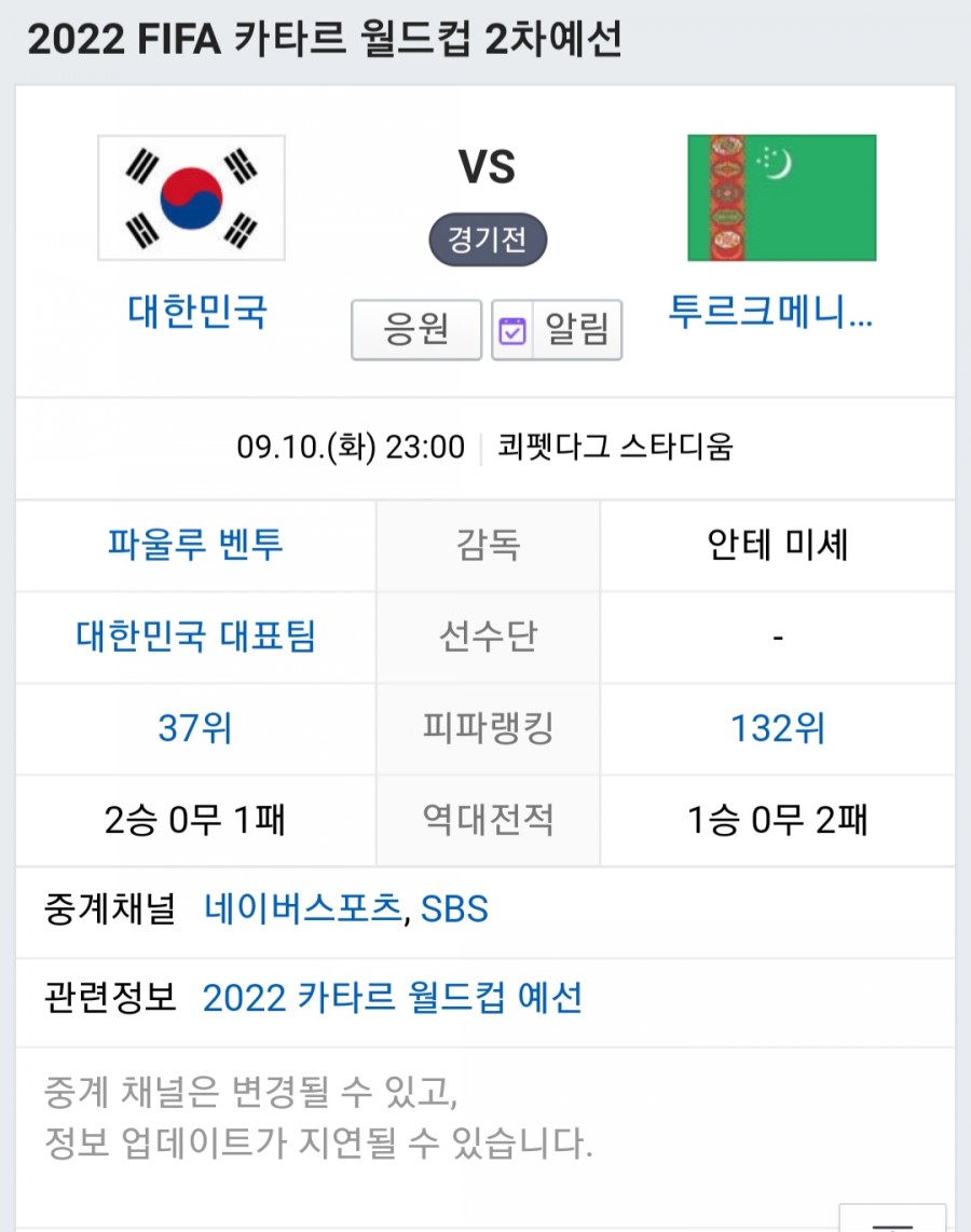 대한민국 vs 투르크메니스탄 132위 카타르 월드컵 2차 누가 이길까? 관련 이미지 1
