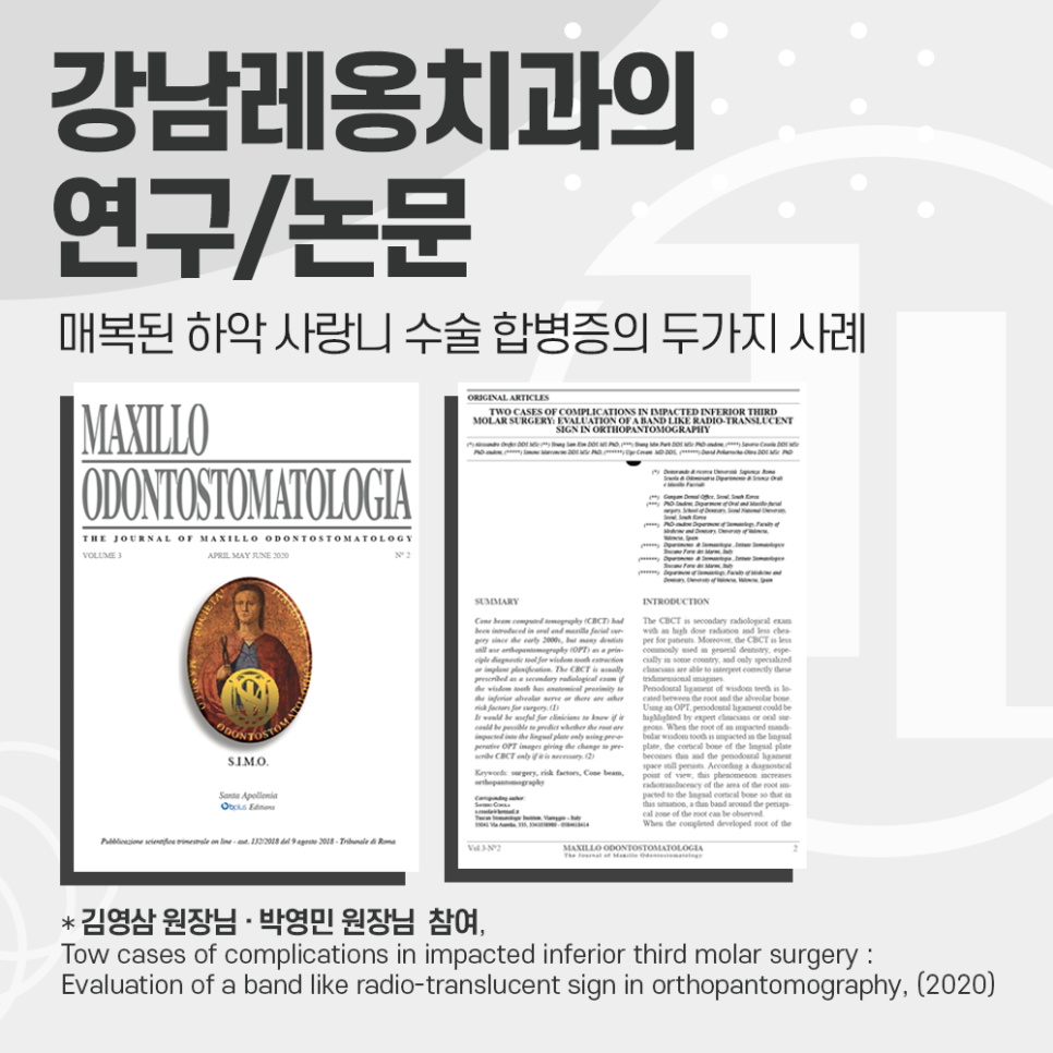 아래 매복 사랑니 발치 합병증에 관한 논문 연구! 박영민, 김영삼 원장님 관련 이미지 1